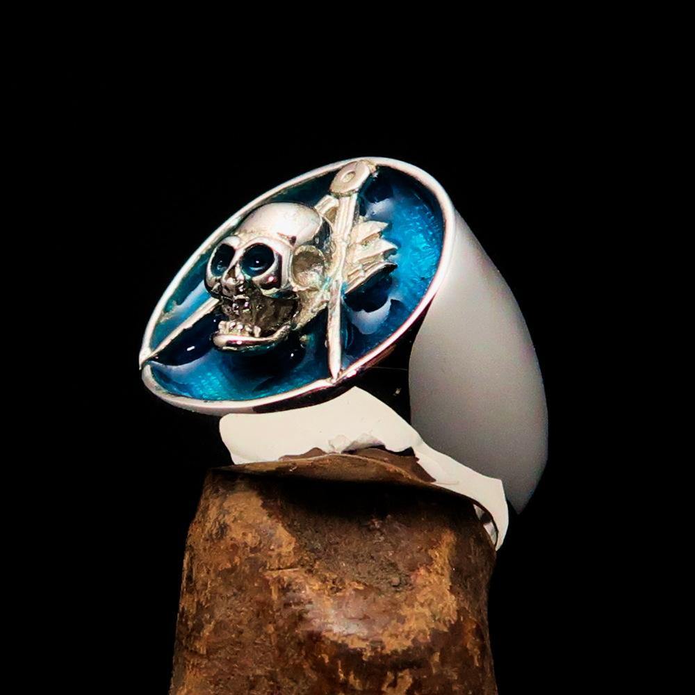 Master Mason Blue Lodge Ring - Blue Sterling Silver With Skull Square and Compass