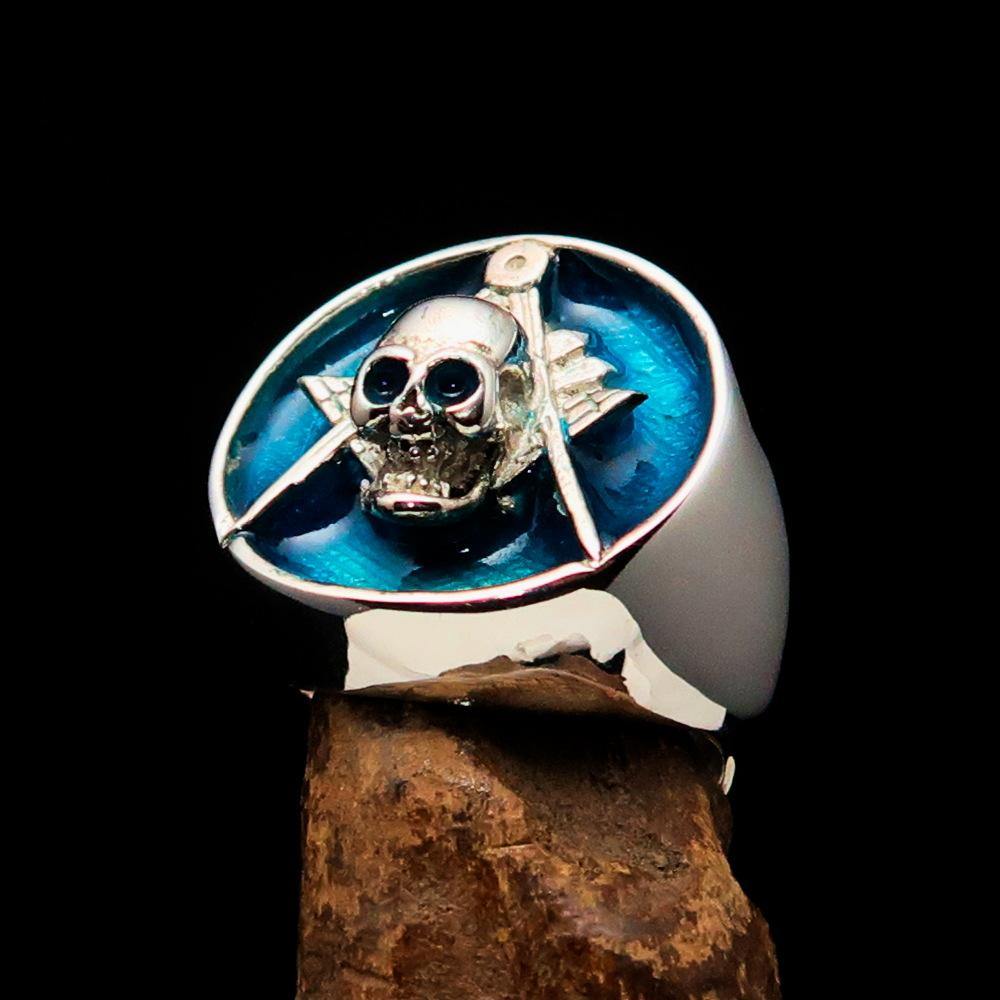 Master Mason Blue Lodge Ring - Blue Sterling Silver With Skull Square and Compass