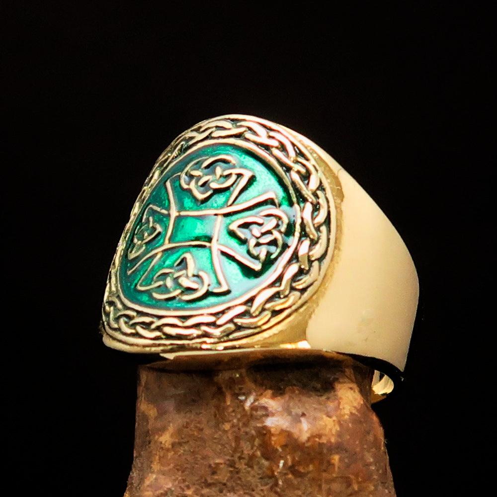 Knights Templar Commandery Ring - Brass Green Celtic Cross