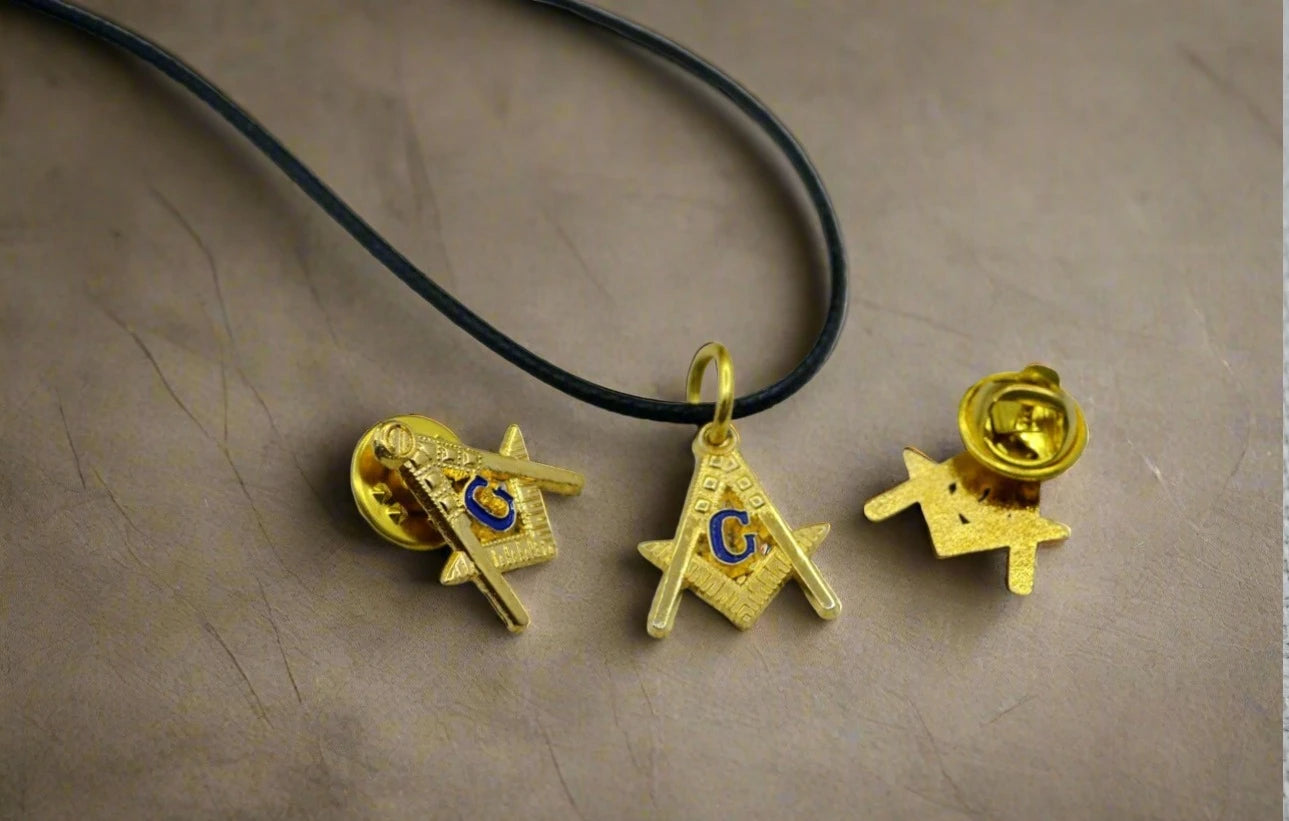 Master Mason Blue Lodge Necklace - Gold Plated Compass And Square G With Leather Chain