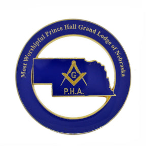 Master Mason Blue Lodge Car Emblem - Most Worshipful PHA Grand Lodge Of Nebraska Blue And Gold Plated Medallion - Bricks Masons