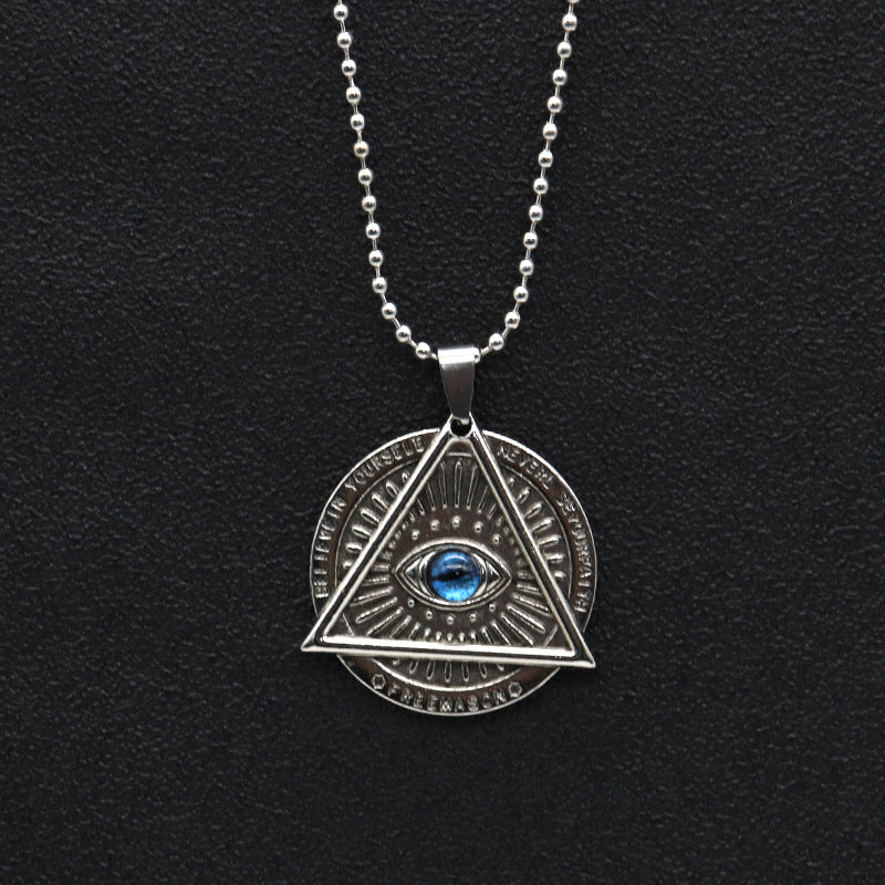 Eye Of Providence Necklace - Silver Beaded Chain With Blue Eye Pendant - Bricks Masons