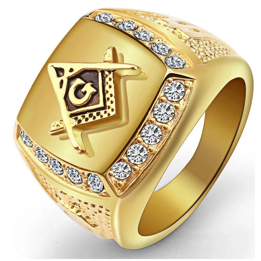 Master Mason Blue Lodge Ring - 316L Stainless Steel Gold Square & Compass - Bricks Masons