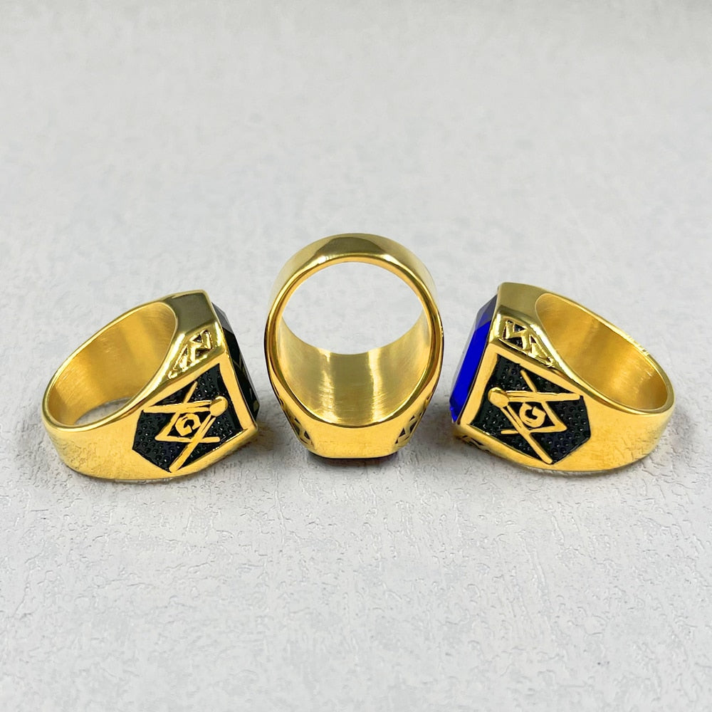 Master Mason Blue Lodge Ring - Stainless Steel With Various Stone Colors - Bricks Masons