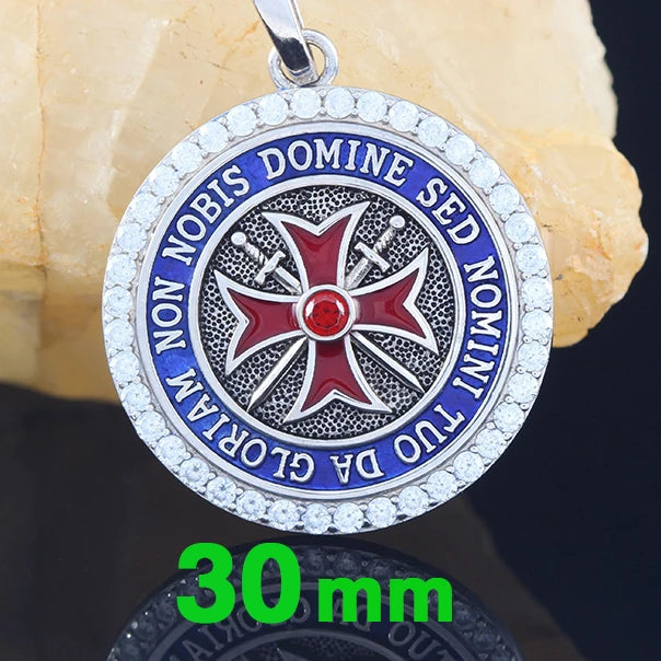 Knights Templar Pendant - Convexity Round Red Cross Frame Sword Sterling Silver - Bricks Masons