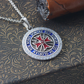 Knights Templar Pendant - Convexity Round Red Cross Frame Sword Sterling Silver - Bricks Masons