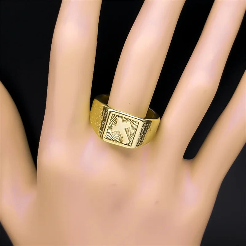 Knights Templar Commandery Ring - Cross Stainless Steel Gold Plated - Bricks Masons