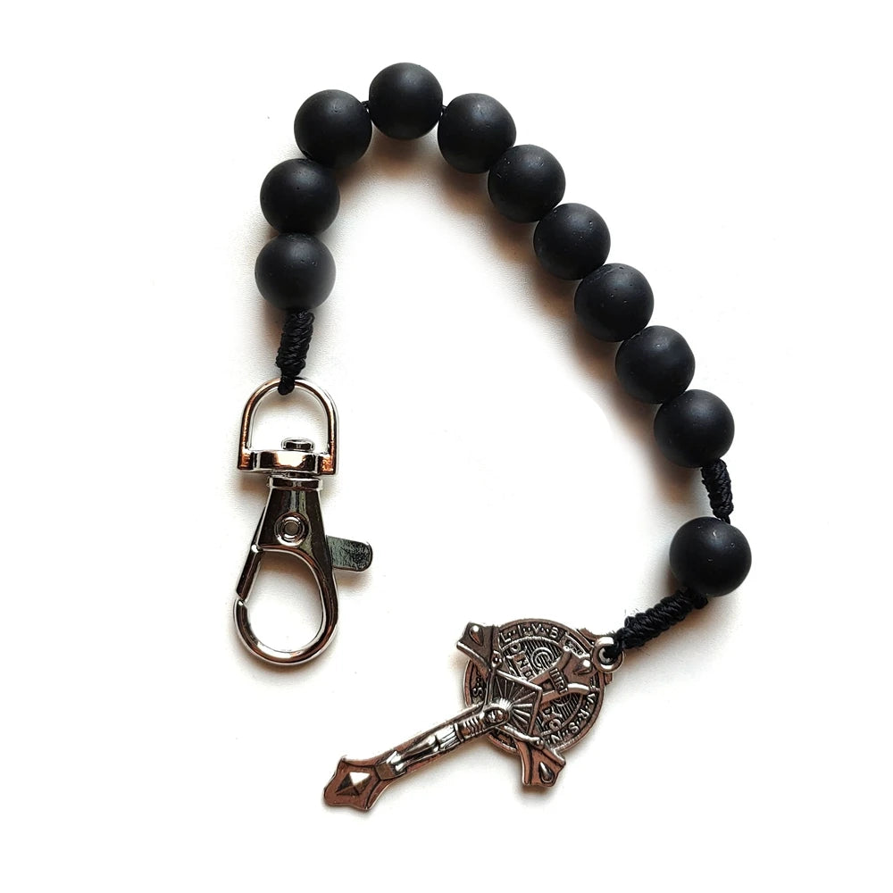 Knights Templar Bracelet - Saint Benedict Black Glass Beads - Bricks Masons