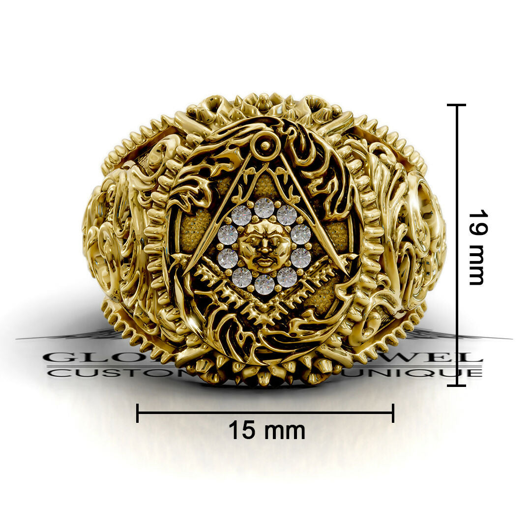 Master Mason Blue Lodge Ring - Square & Compass With Sun & Stones - Bricks Masons