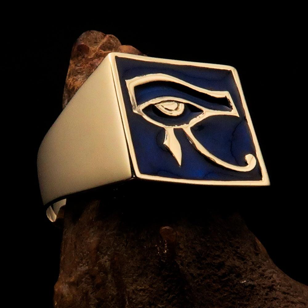 Ancient Egypt Keychain - Blue Squared Eye of Horus Solid Brass - Bricks Masons