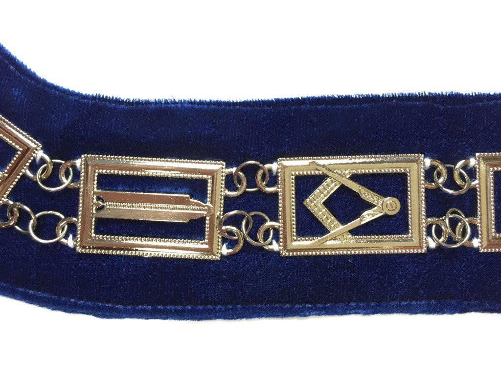 Blue Lodge Chain Collar - Gold Plated on Blue Velvet - Bricks Masons