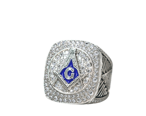 Master Mason Blue Lodge Ring - White Gold Plated With Rhinestones - Bricks Masons