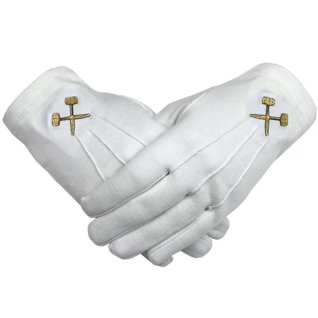 French Rite Gloves - White Cotton with Gold Crossed Trowels - Bricks Masons