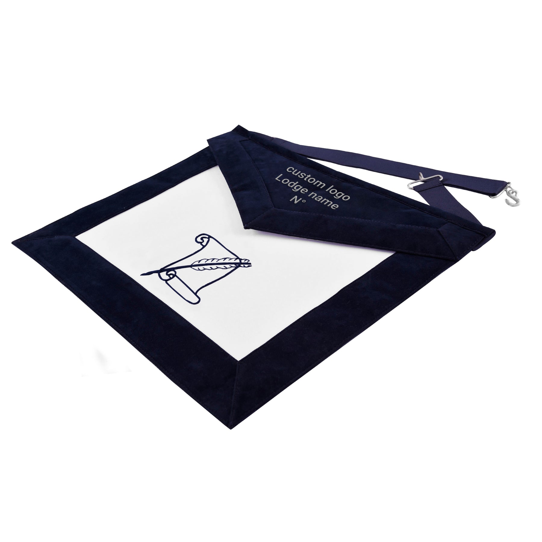 Historian Blue Lodge Officer Apron - Navy Velvet With Silver Embroidery Thread - Bricks Masons