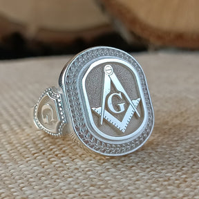 Master Mason Blue Lodge Ring - Silver Square & Compass With G Oval Shape - Bricks Masons