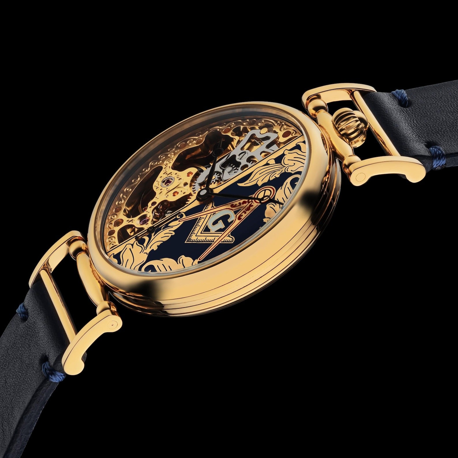 Master Mason Blue Lodge Wristwatch - Gold Skeleton Dial Intricate Detailing - Bricks Masons