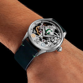 Master Mason Blue Lodge Wristwatch -  Silver Skeleton Dial Intricate Detailing - Bricks Masons