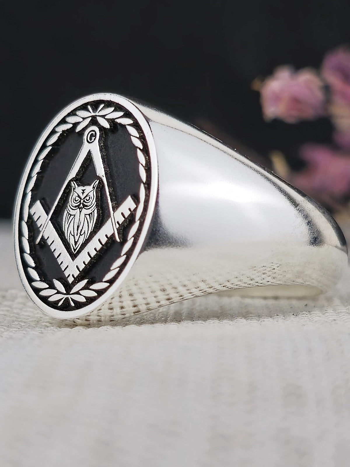Master Mason Blue Lodge Ring - Silver & Black Owl With S & C - Bricks Masons
