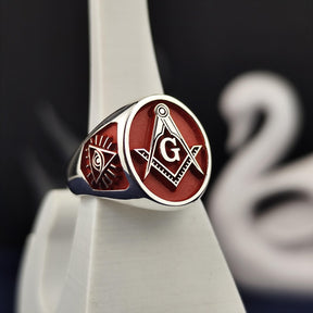 Master Mason Blue Lodge Ring - Red Square & Compass G Personalized - Bricks Masons