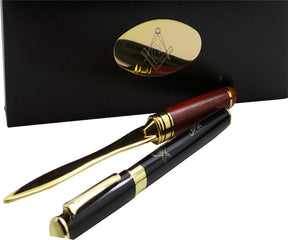 Master Mason Blue Lodge Letter Opener - 24k Gold Clad Engraved & Rollerball Pen Gift Set - Bricks Masons