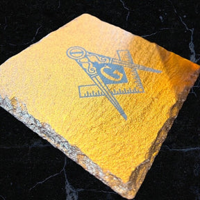 Master Mason Blue Lodge Reusable Ice Cubes - Gold Tongs Slate Coaster 6 Piece Gift Set - Bricks Masons