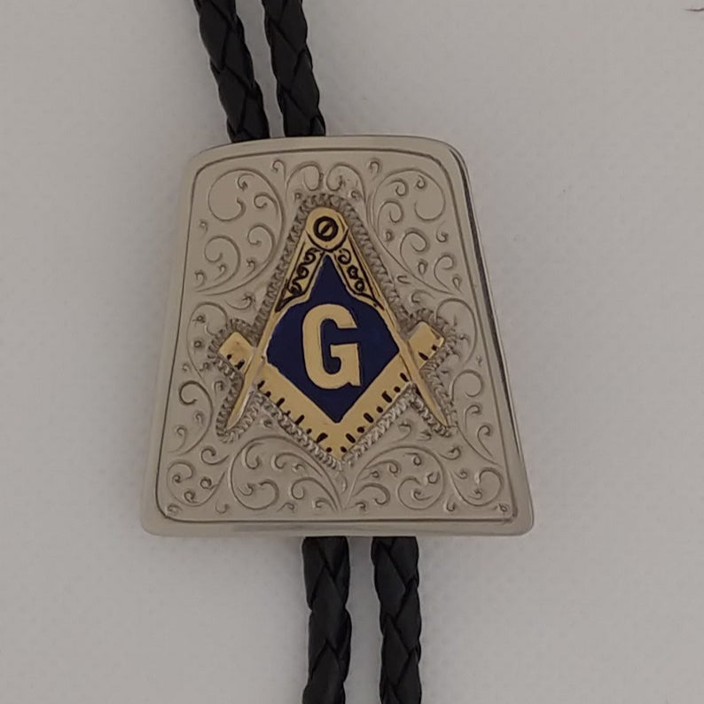 Master Mason Blue Lodge Bolo Tie - Handcrafted Gold & Blue Square Compass G With Clip - Bricks Masons