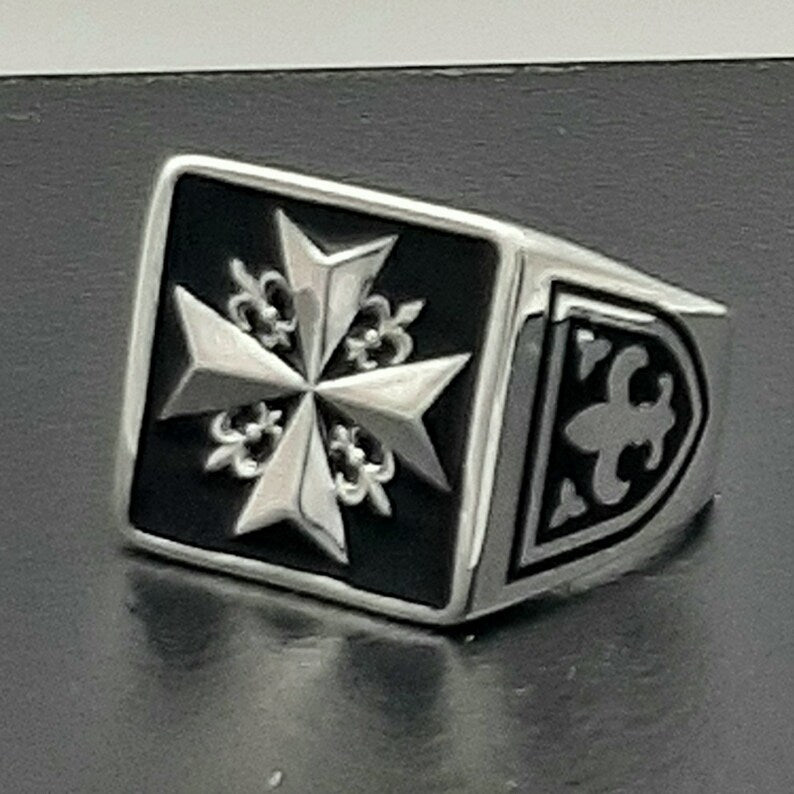 Order Of Malta Ring - Black Sterling Silver-Black Templar cross ring - Bricks Masons