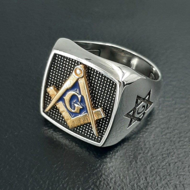 Master Mason Blue Lodge Ring - Sterling Silver With Square & Compass G - Bricks Masons