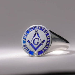 Master Mason Blue Lodge Ring - Silver Blue Enamel 925 Sterling Silver - Bricks Masons