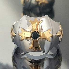 Knights Templar Ring - Gold Plated Cross Sterling Silver & Blue Sapphire - Bricks Masons