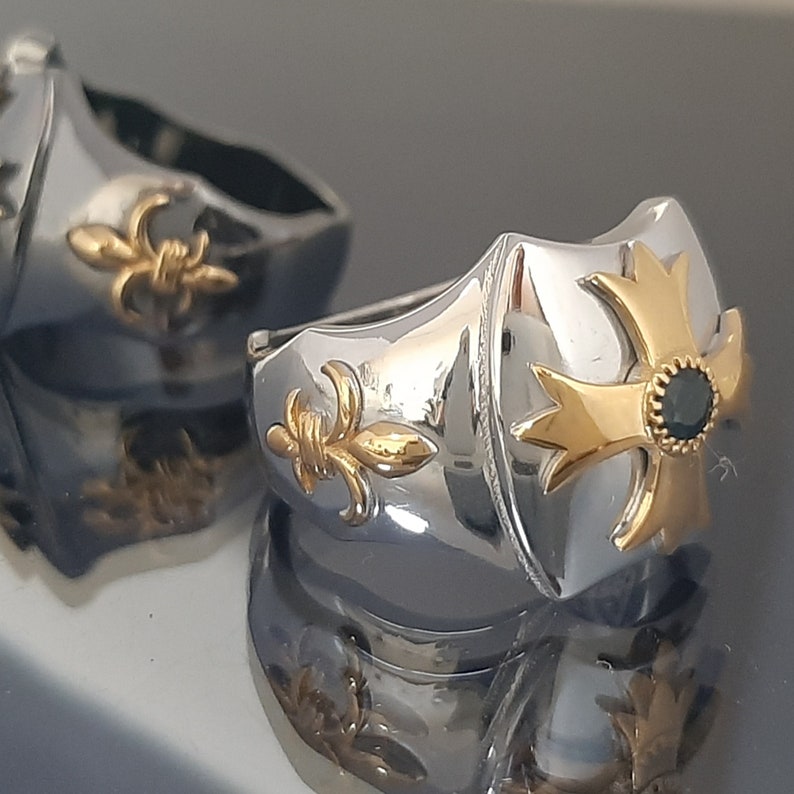 Order Of Malta Ring - Blackened Sterling Silver Blue-Green Sapphire - Bricks Masons