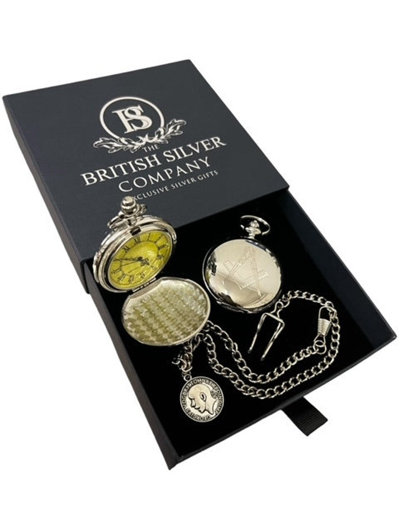 Master Mason Blue Lodge Pocket Watch - Custom Engraving Silver Chain - Bricks Masons