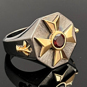 Order Of Malta Ring - Blackened Sterling Silver Garnet & Diamond - Bricks Masons