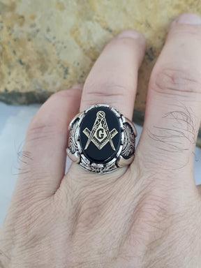 Master Mason Blue Lodge Ring - Black Onyx Freemason Symbol - Bricks Masons