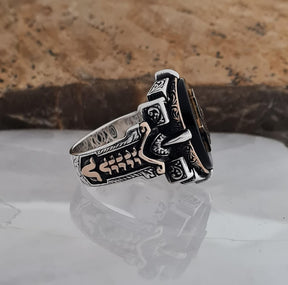 Master Mason Blue Lodge Ring - Handmade Sterling Silver Black Onyx - Bricks Masons