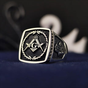 Master Mason Blue Lodge Ring -  Square & Compass G with Wreath Silver & Gold - Bricks Masons