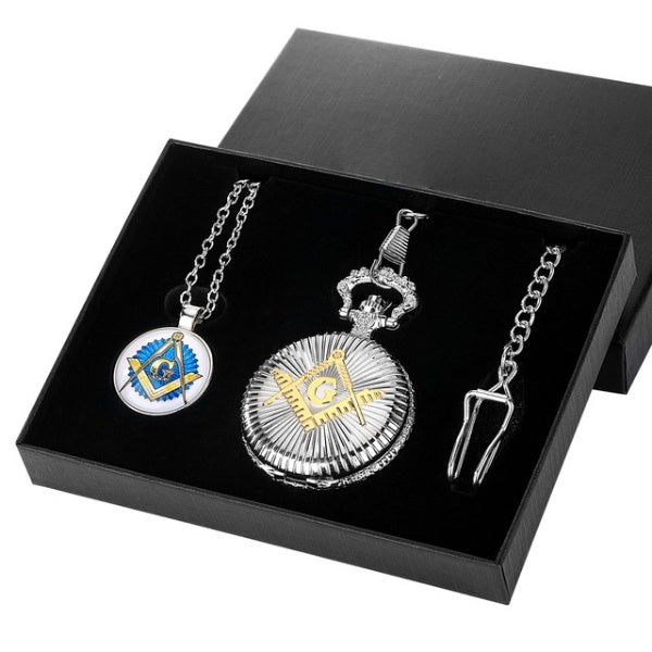 Master Mason Blue Lodge Pocket Watch - Square ad Compass with G Set with Pendant Necklace - Bricks Masons