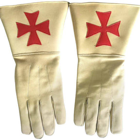 Knights Templar Gauntlet - Buff Leather with Red Maltese Cross - Bricks Masons