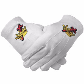 Knights Templar Commandery Gloves - White Cotton Machine Embroidered Logo - Bricks Masons
