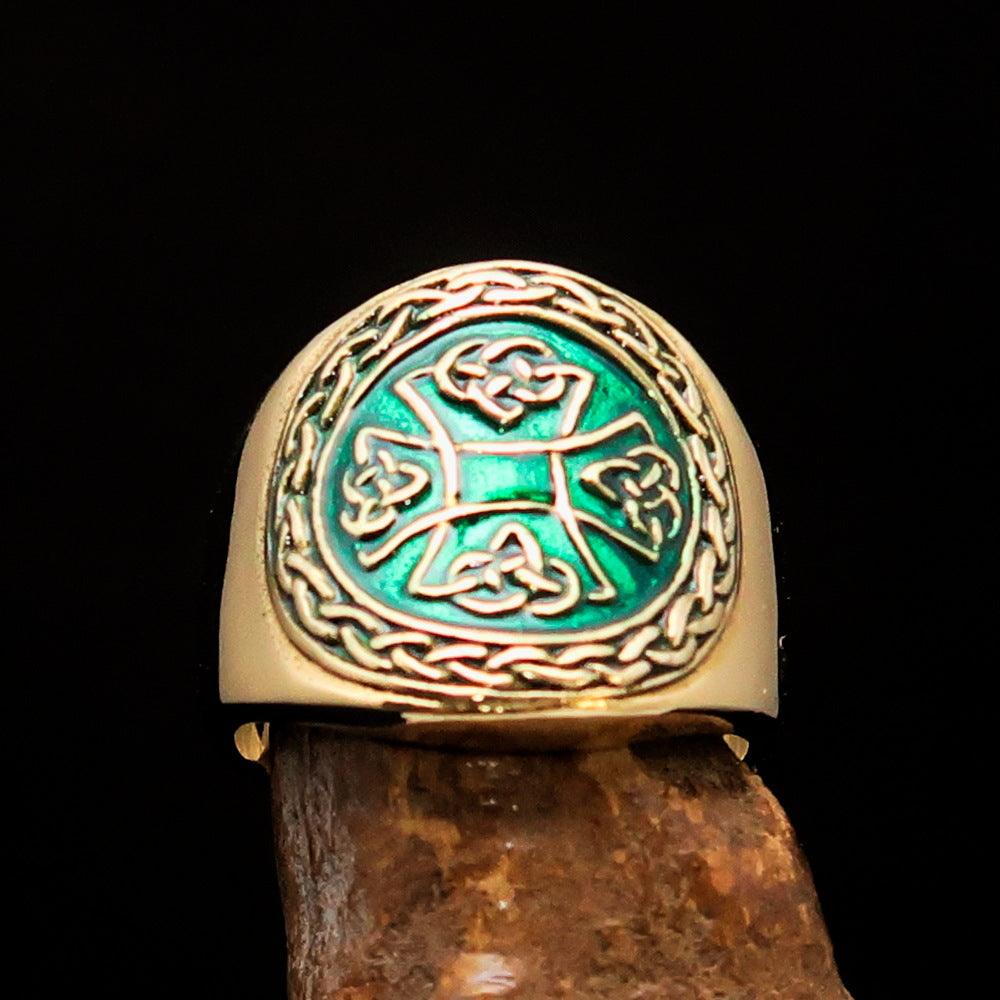 Knights Templar Ring - Brass Green Celtic Cross - Bricks Masons