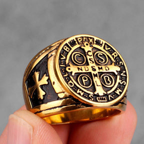 Knights Templar Ring - Saint Benedict Medal cssml ndsmd Black Silver - Bricks Masons