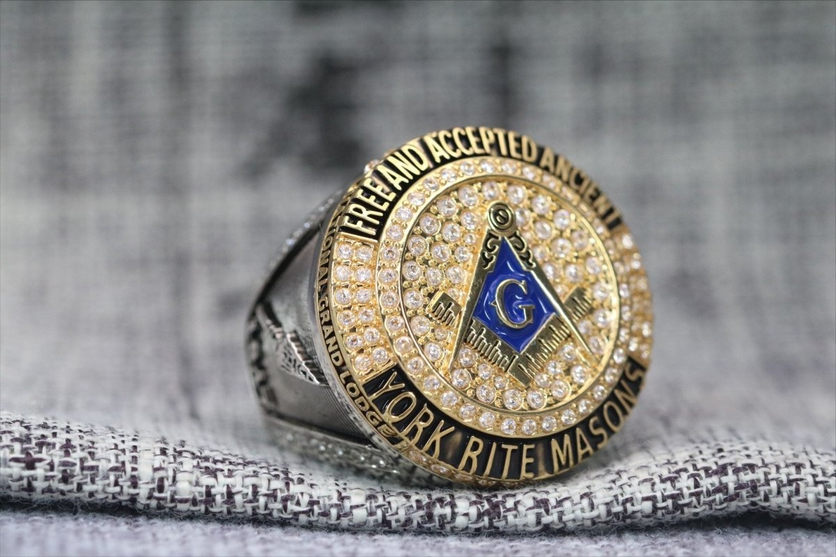 Master Mason Blue Lodge Ring - White Gold Plated & 18k Yellow Gold Face - Bricks Masons