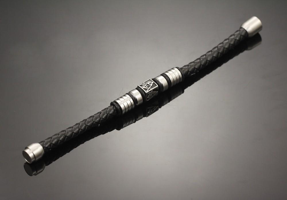 Master Mason Blue Lodge Bracelet - Compass and Square G Leather with Magnetic Clasp - Bricks Masons