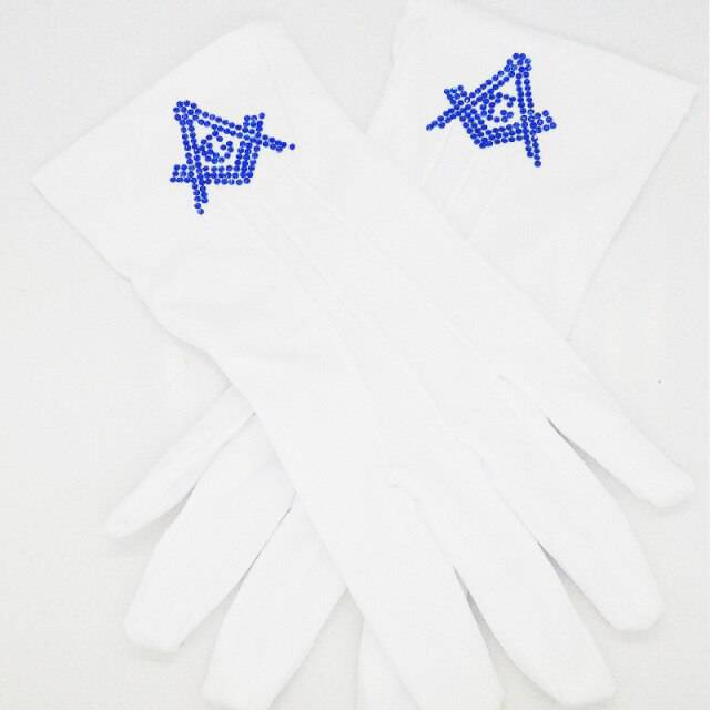 Master Mason Blue Lodge Gloves - Polyester With Square and Compass G Rhinestone - Bricks Masons