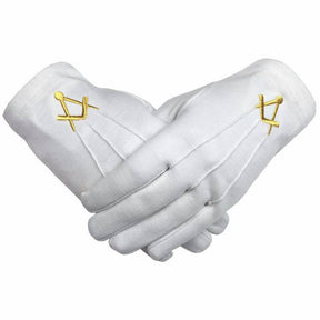 Master Mason Blue Lodge Gloves - White Cotton with Golden Square & Compass - Bricks Masons