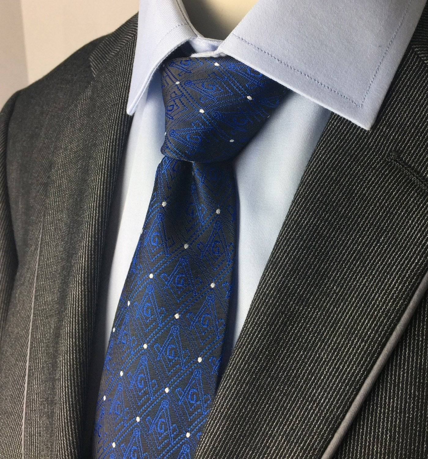 Master Mason Blue Lodge Necktie - Blue & Black with Polkadot Square & Compass G - Bricks Masons