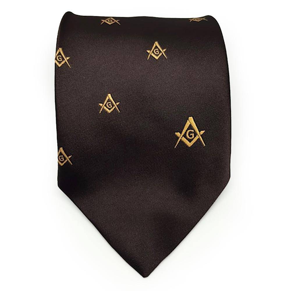 Master Mason Blue Lodge Necktie - Brown with Square & Compass G - Bricks Masons