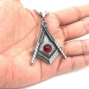 Master Mason Blue Lodge Pendant - Silver Titanium Steel Red Stone - Bricks Masons