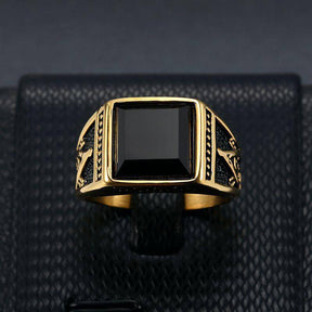 Master Mason Blue Lodge Ring - Black Stone Titanium Gold & Silver Color - Bricks Masons