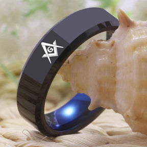 Master Mason Blue Lodge Ring - Black With Blue Tungsten Personalizable - Bricks Masons
